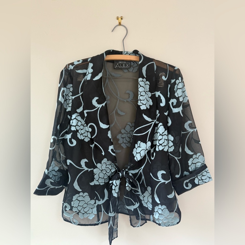 Alex Evenings Sheer Black and Light Blue Floral Blouse